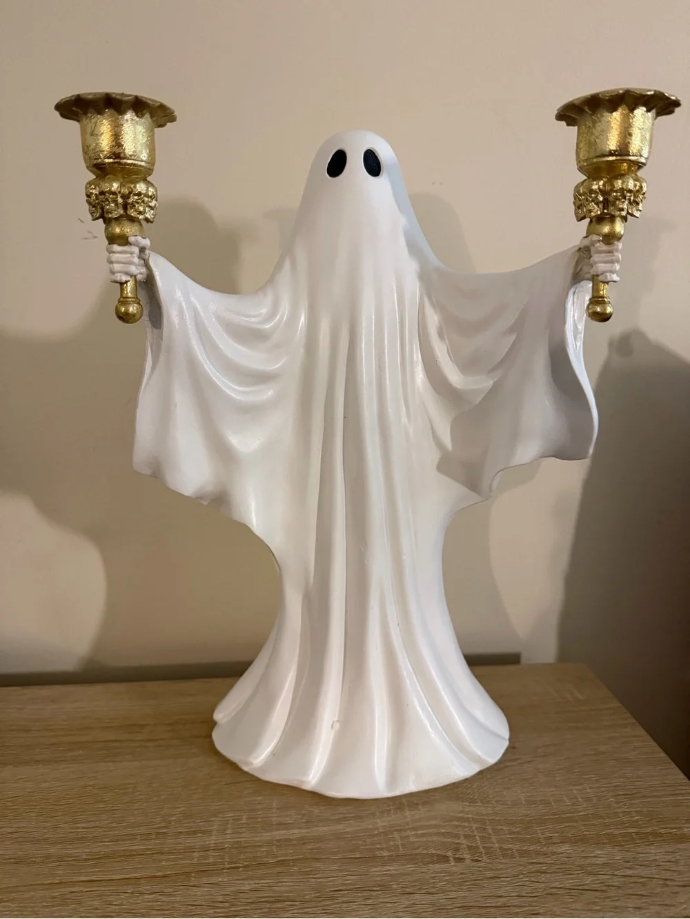 Resin Halloween Ghost with 2 Gold Chalice Cup Candle Holders